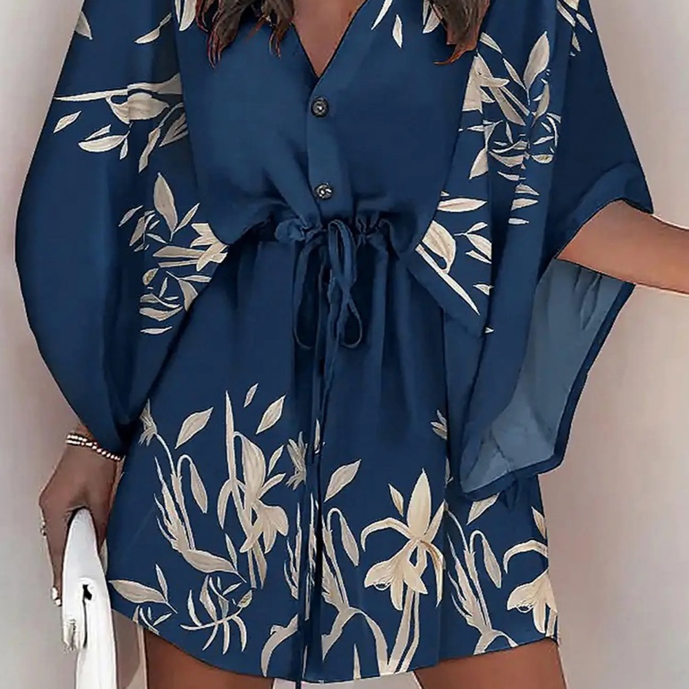 V-neck Flared Sleeve Loose Dress Navy